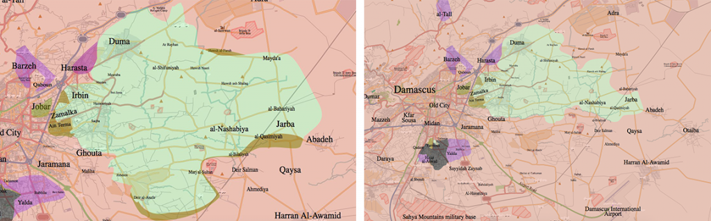 Frontlines in the Eastern Ghouta enclave, December 2015 (left) - June 2016 (right). Source: Wikimedia Commons.