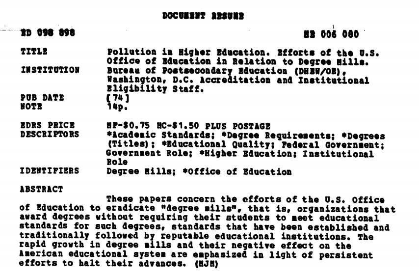 Cover Page, Pollution in Higher Education. Efforts of the U.S. Office of Education in Relation to Degree Mills. Source: Institute of Education Sciences.